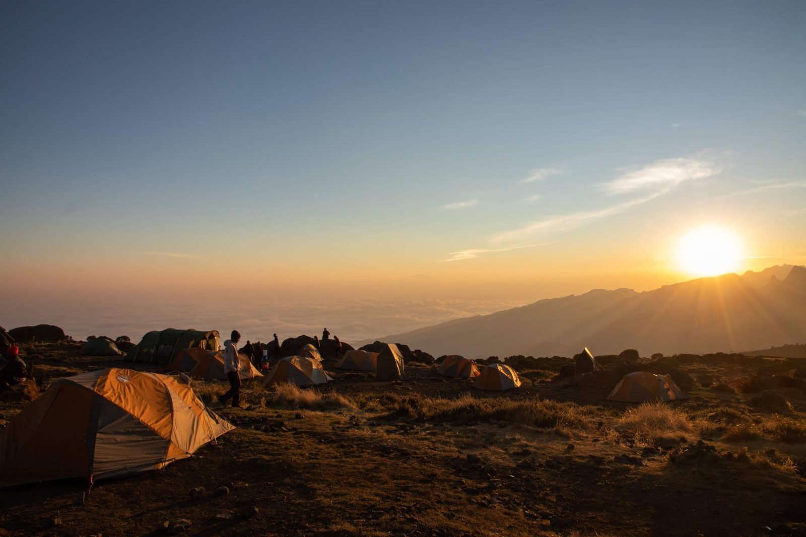 Tented mountain camp at sunset below Kilimanjaro